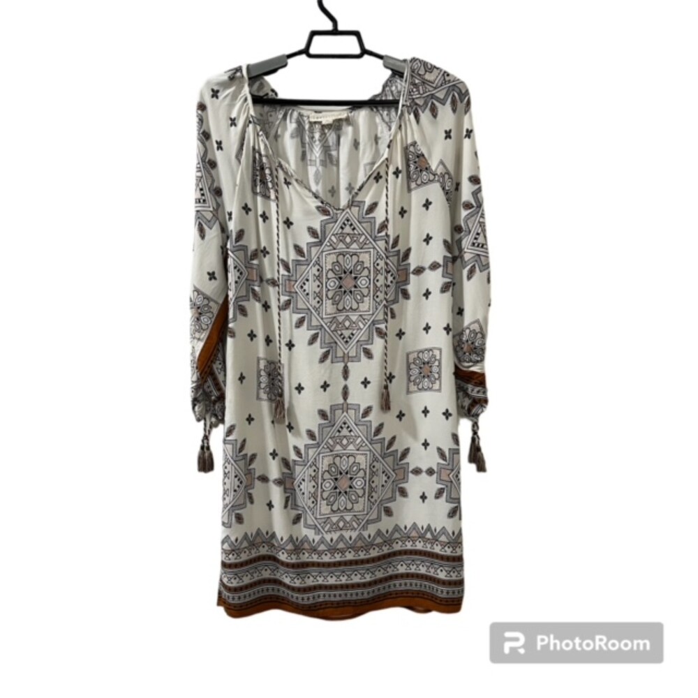 Lovestitch Womens Ivory Tribal Print Tassel Sleeve Boho Mini Dress M